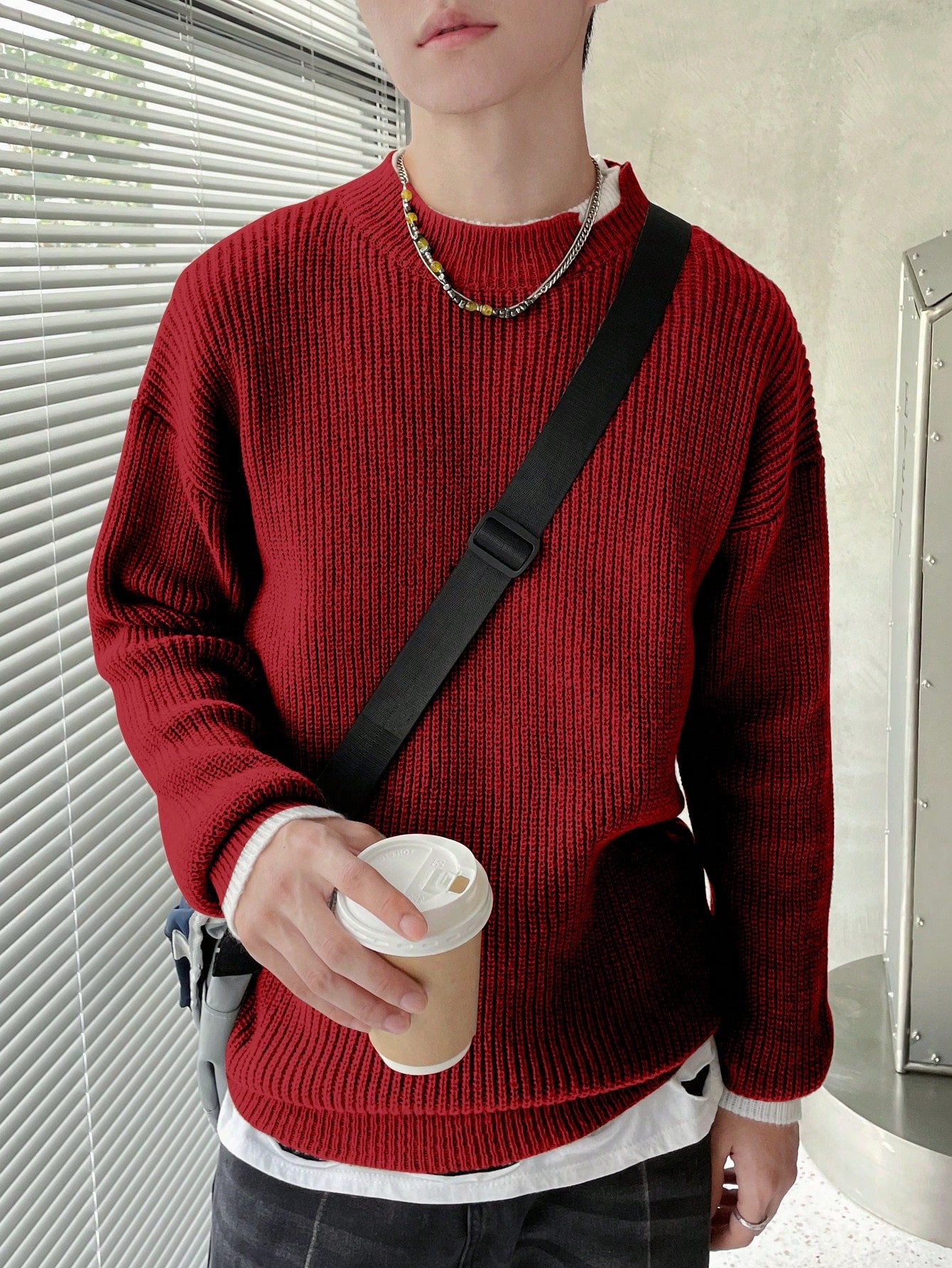 Men Drop Shoulder Oversize Crew Neck Long Sleeve Cable Knit Color Block Vacation Fashion Sweater Without Tee For Friends