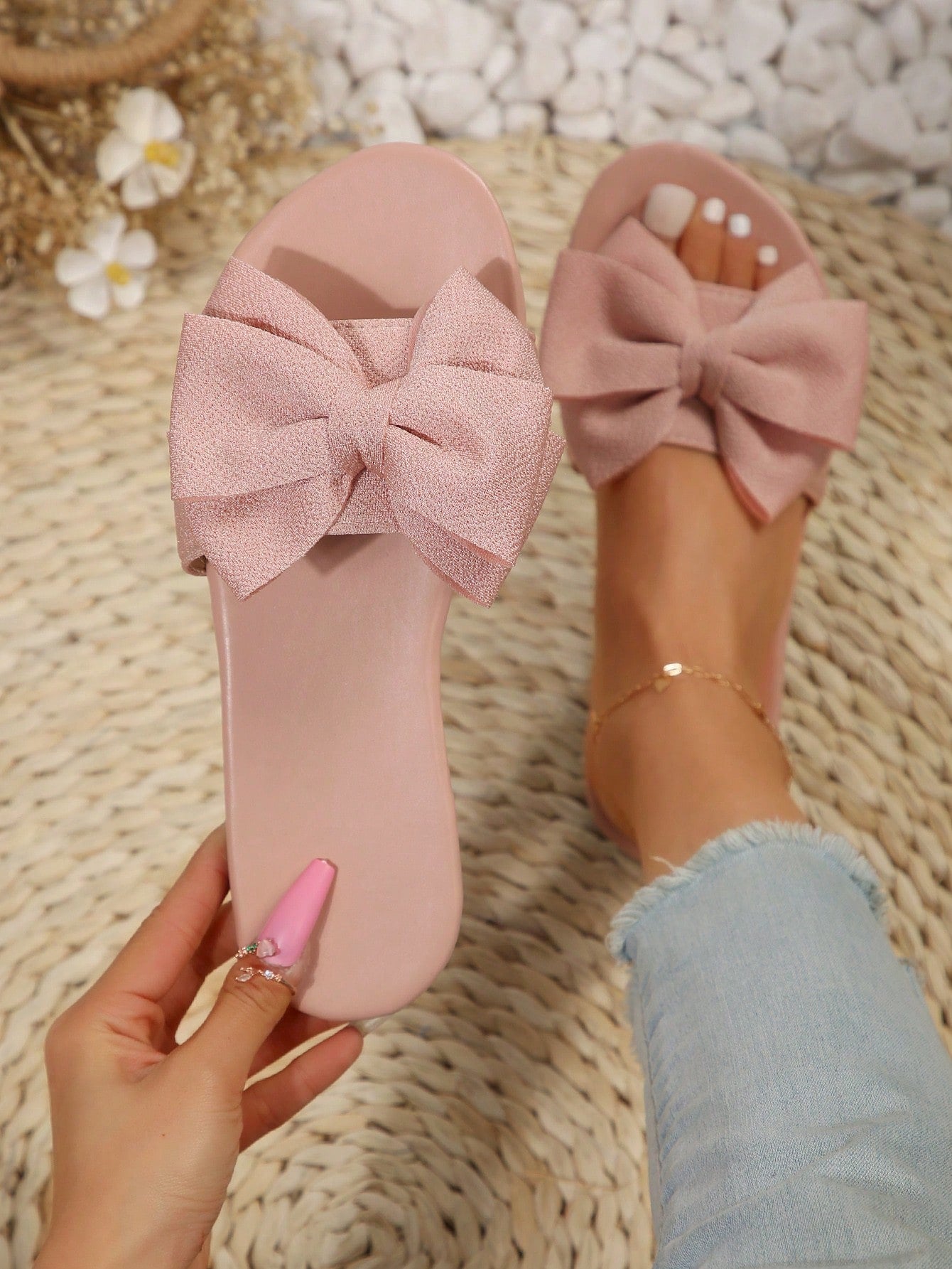 Bowknot Slide Slippers For Women, Round Toe Fashionable Beach Shoes Non-Slip Outside, Wearing Bowknot Casual Summer Slippers