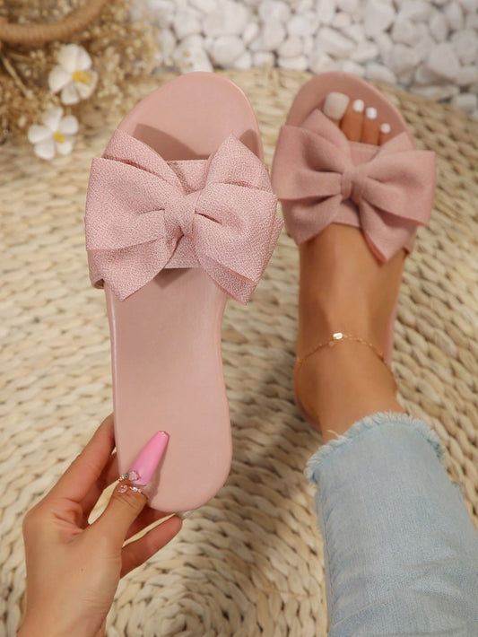 Bowknot Slide Slippers For Women, Round Toe Fashionable Beach Shoes Non-Slip Outside, Wearing Bowknot Casual Summer Slippers