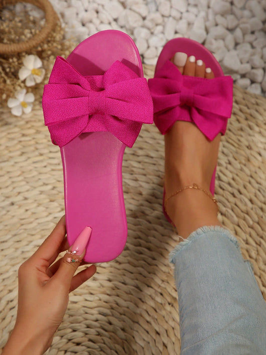 Bow Knot Slipper For Women, Open Toe Flat Hot Pink Sandals With Non-Slip Sole And Cute Bow Tie Decor, Perfect For Beach Or Casual Wear