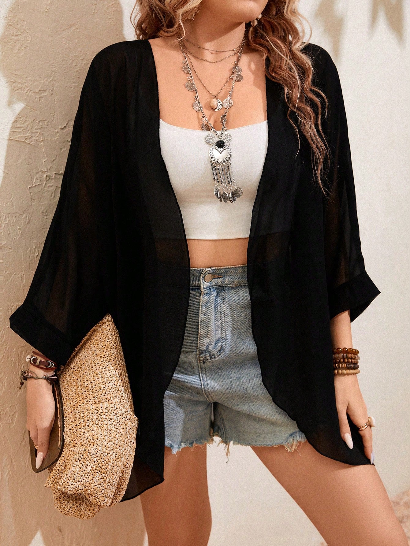 Plus Size Solid Color Loose Fit Casual Jacket