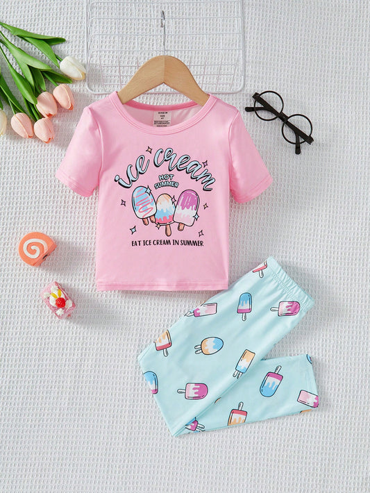 Young Girl Knitted Ice Cream Pattern Round Neck  Top & Pants Snug Fit Homewear Set