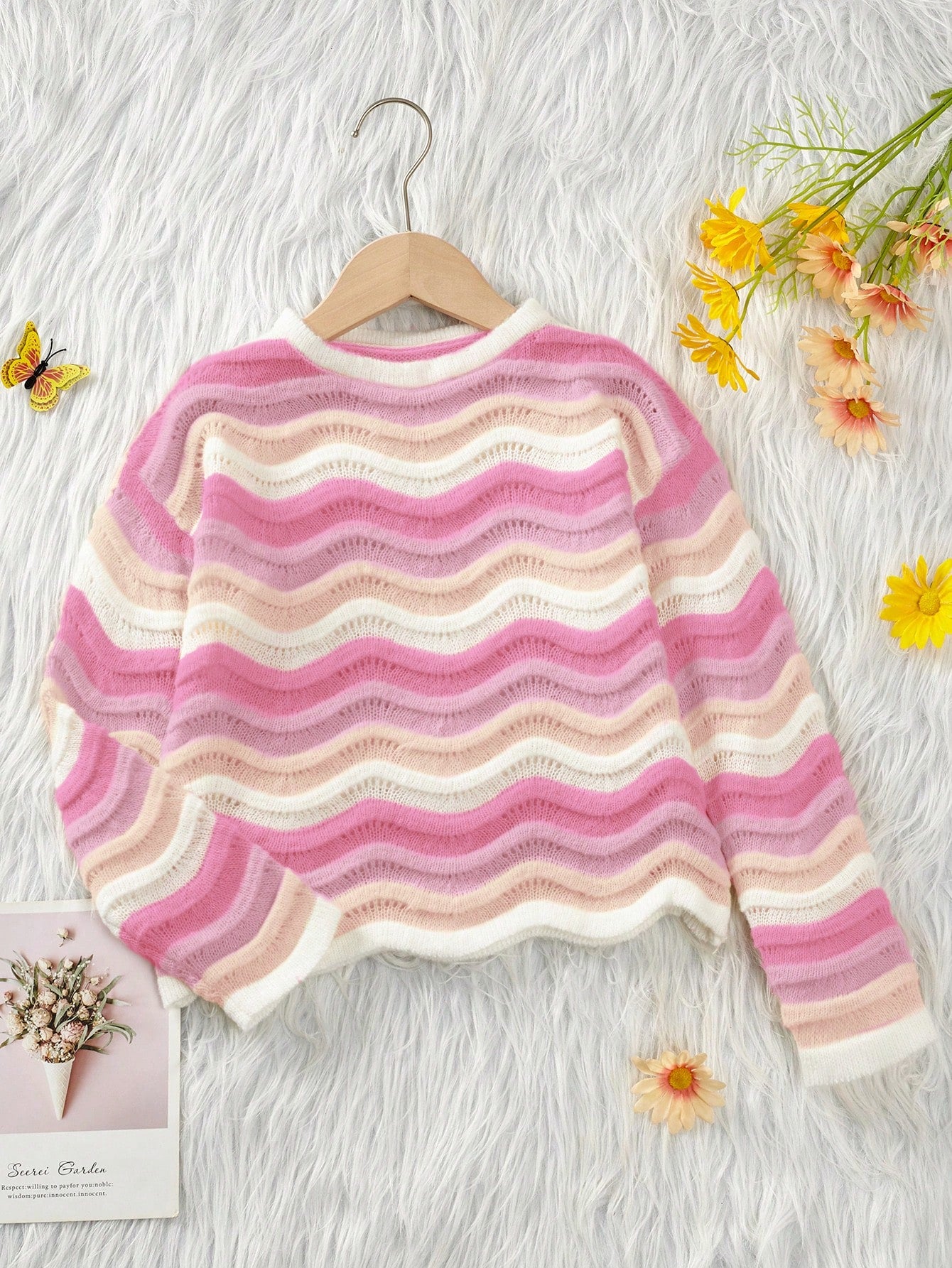 Young Girl Cute Gradient Color Wavy Pattern Lightweight Sweater