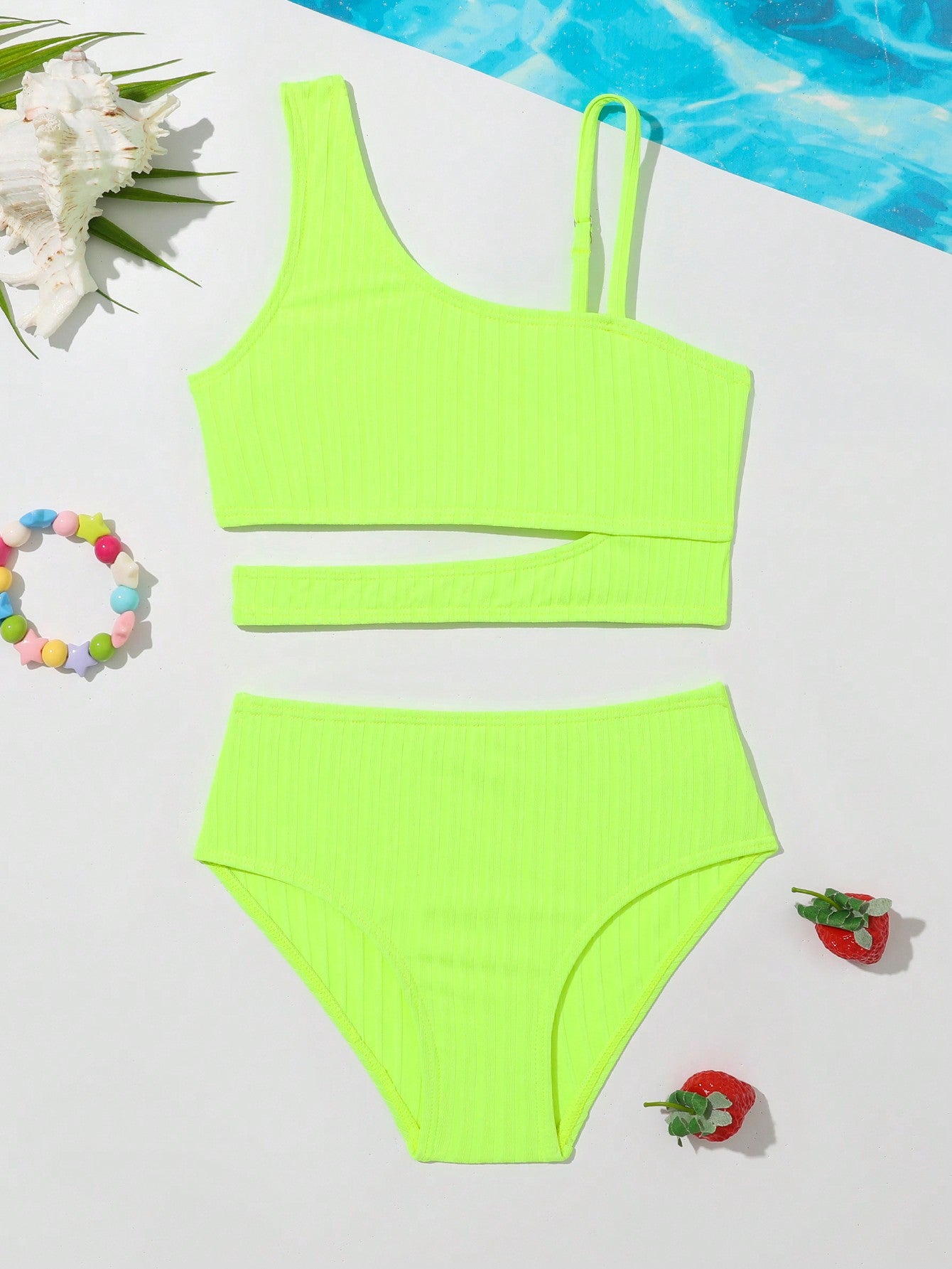 Young Girl Summer Beach Neon Bikini Set Bathing Suit With Hollow-Out Detail