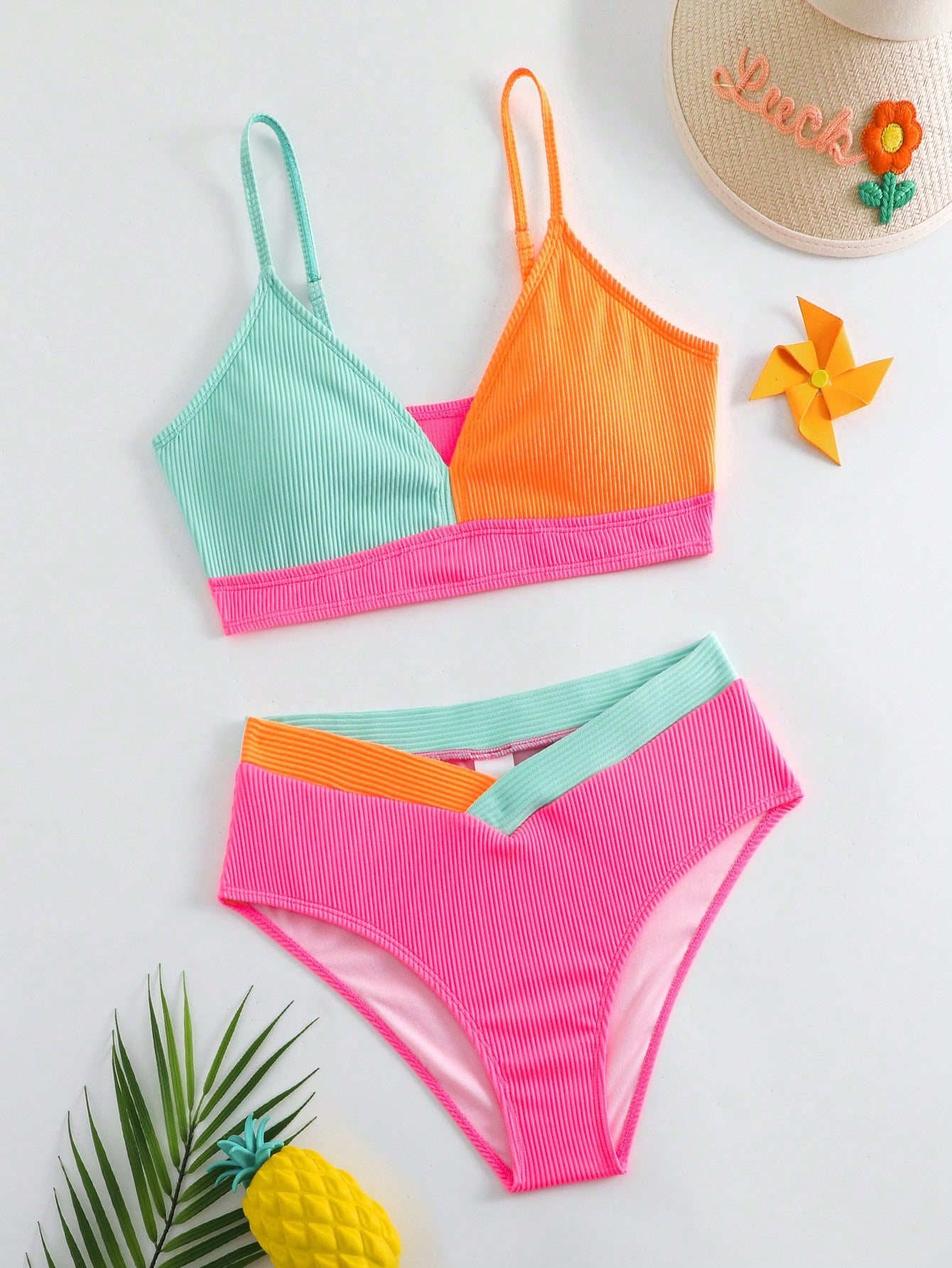 Teen Girls Multicolor Splicing Bikini Swimsuit 2pcs/Set