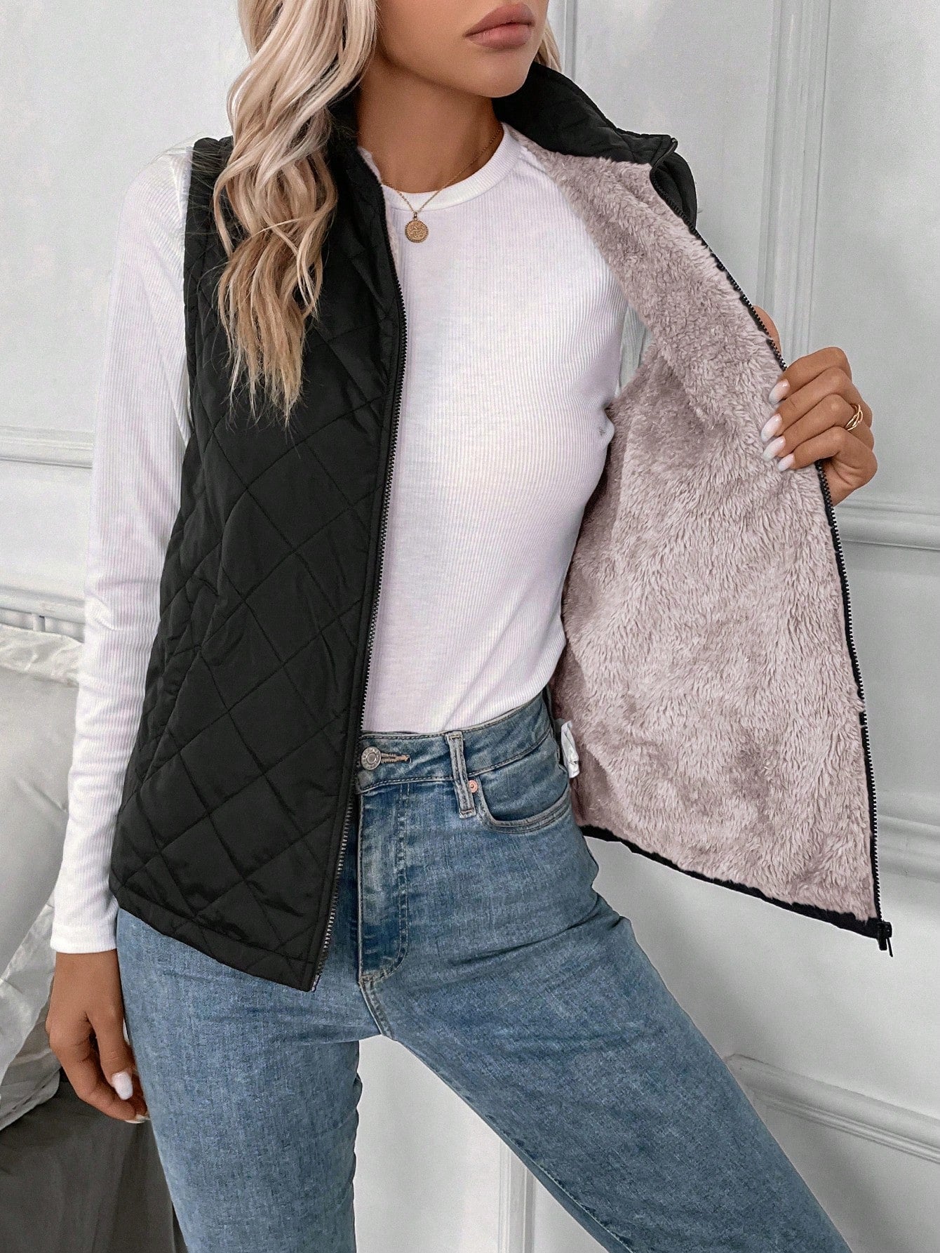 Zip Up Teddy Lined Vest Quilted Coat