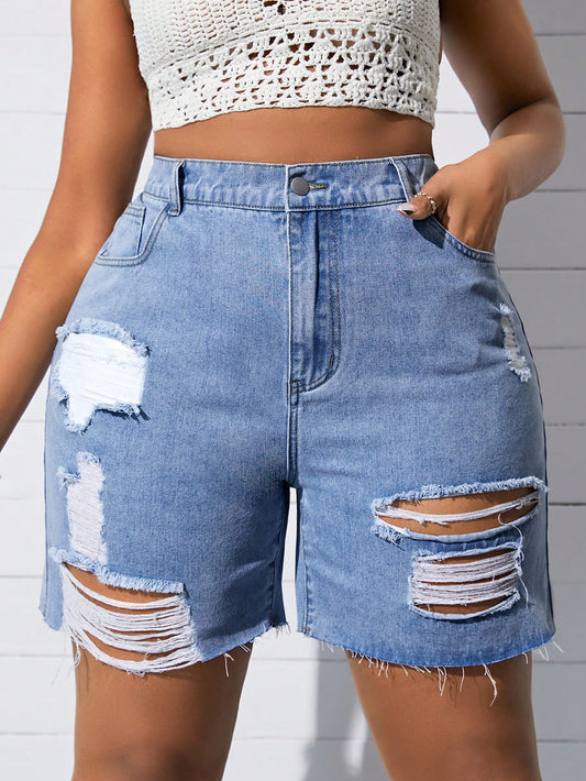 Plus Size Women's Distressed Frayed Hem Denim Shorts