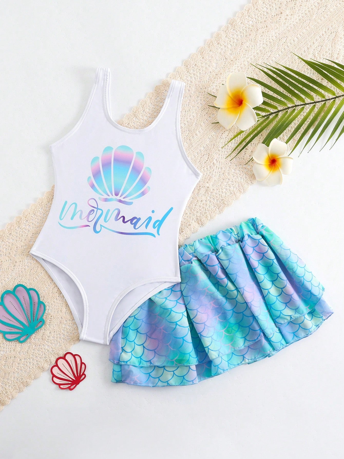 Young Girls One-Piece Lovely Blue Mermaid Tail Print Mesh Skirt Swimsuit With Scales Decor, Fashionable, Casual, Exquisite, Elegant, Suitable For Swimming, Vacation, Summer, Beach, Outings, Surfing And Pool Activities