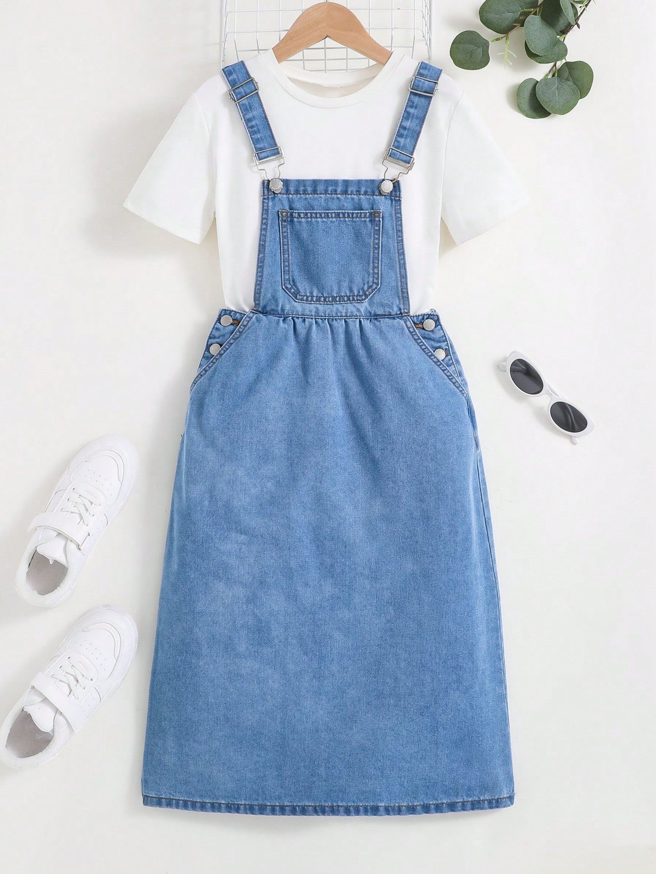 Tween Girl Adjustable Medium Length Casual Denim Overall Dress In Blue