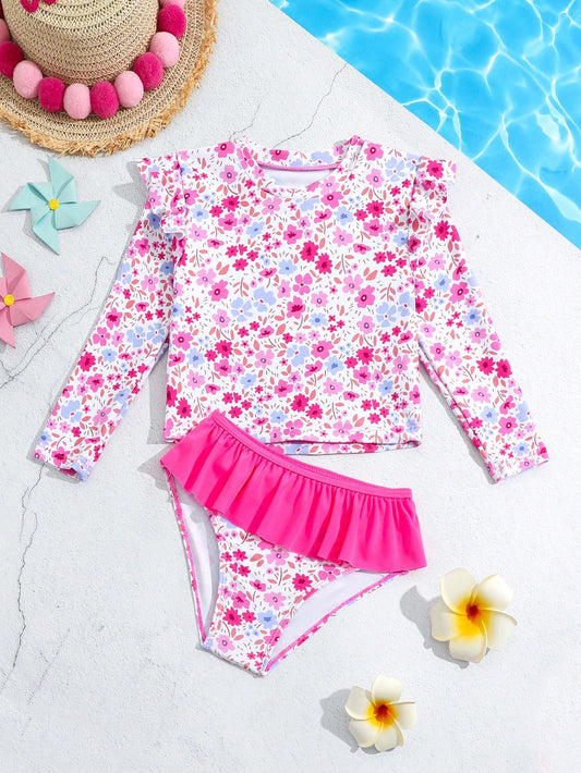 Young Girl's Floral Print Ruffle Hem Long Sleeve Two-Piece Swimsuit