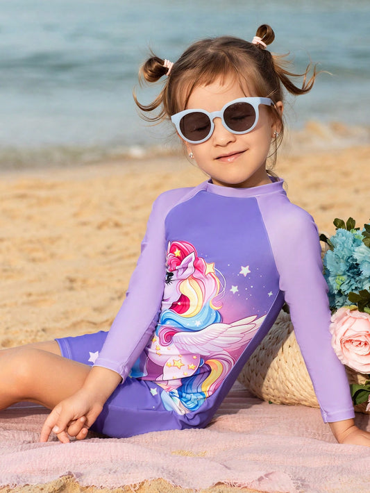 Young Girl Cartoon Unicorn Printed Long Sleeve One Piece Swimsuit