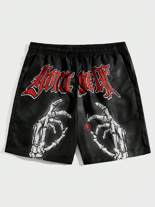 Goth Men's Skull Hand & Letter Printed Drawstring Waist Shorts