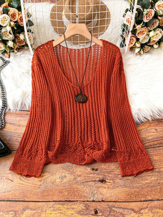 Plus Size Women's Knitted Hollow Out Pullover Sweater