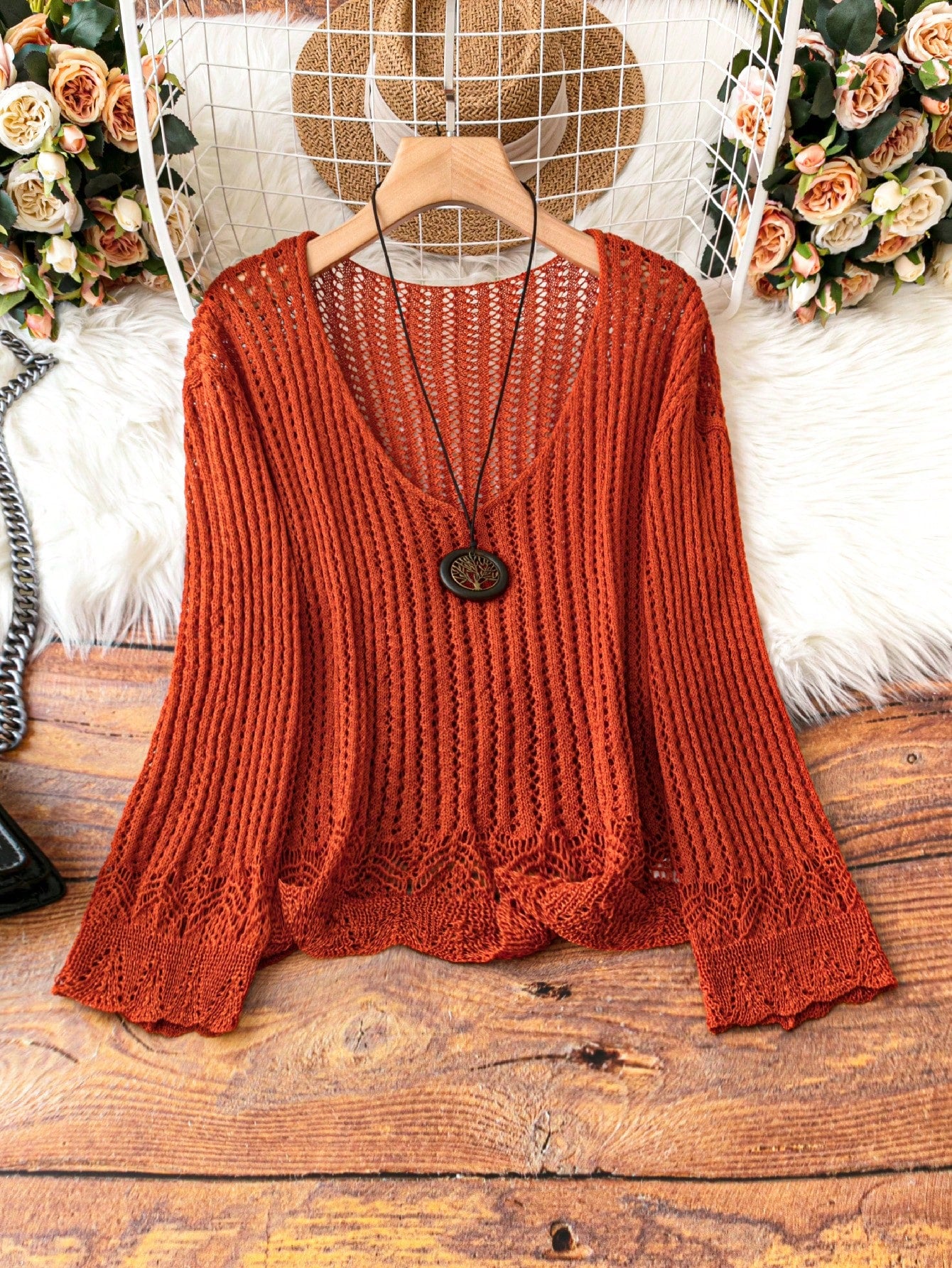 Plus Size Loose Fit Solid Color Ribbed Knit V-Neck Casual Sweater