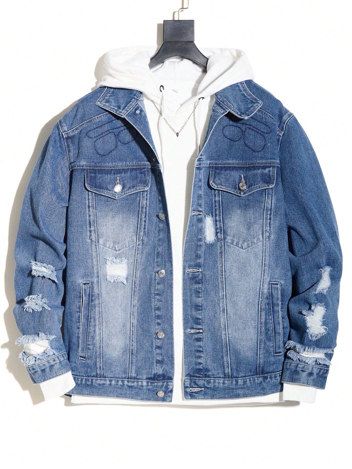 Men's Plus Size Ripped Button Front Denim Jacket