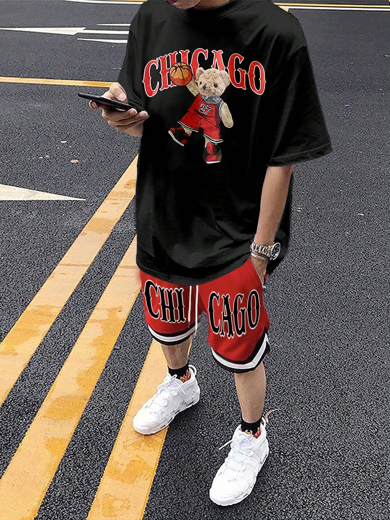 Men's Cartoon Teddy Bear & Letter Printed Oversized T-Shirt And Basketball Shorts Outfits