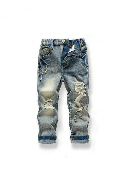 Young Boy New Casual Fashion Retro Vintage Distressed Washed Jeans With Holes