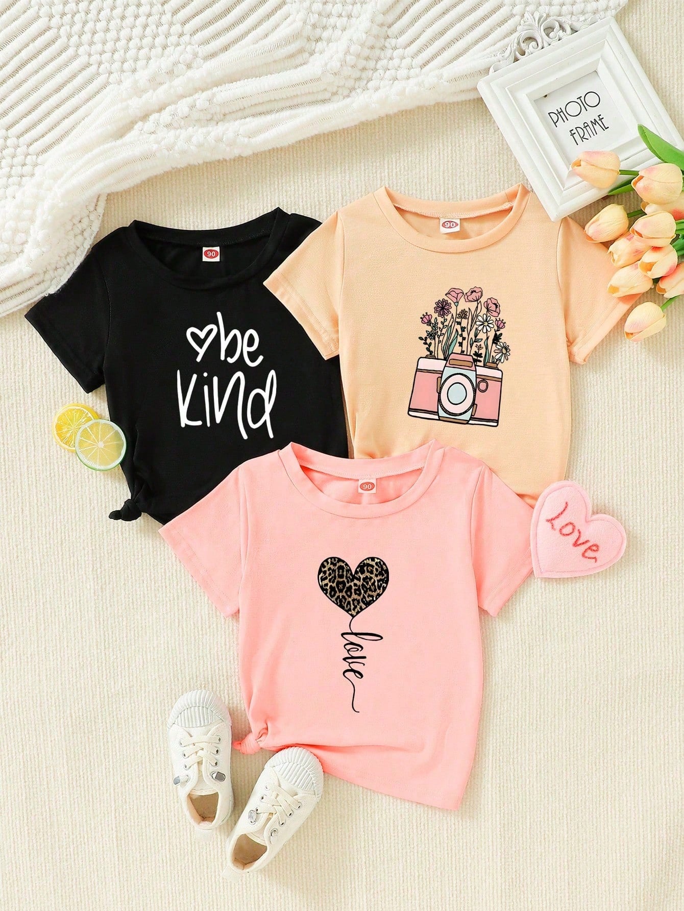 3pcs/Set Tween Girls' Summer Leopard Print Heart Shaped Camera & Floral Patterned T-Shirts