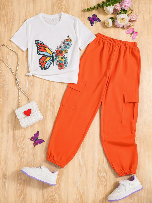 Tween Girls' Knitted Butterfly Pattern T-Shirt And Woven Cuffed Pants Casual 2pcs Outfit