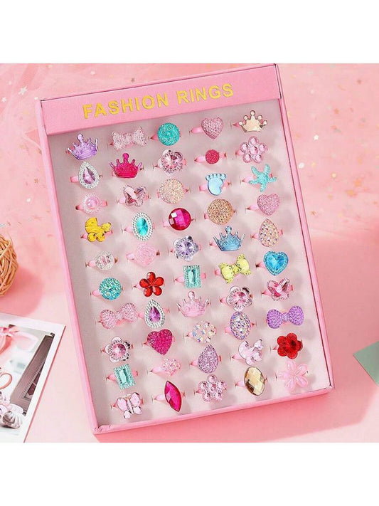 Random 10pcs Sparkling Plastic Gemstone Rings For Girls, Kids' Accessories, No Box, Birthday Gift Princess Party