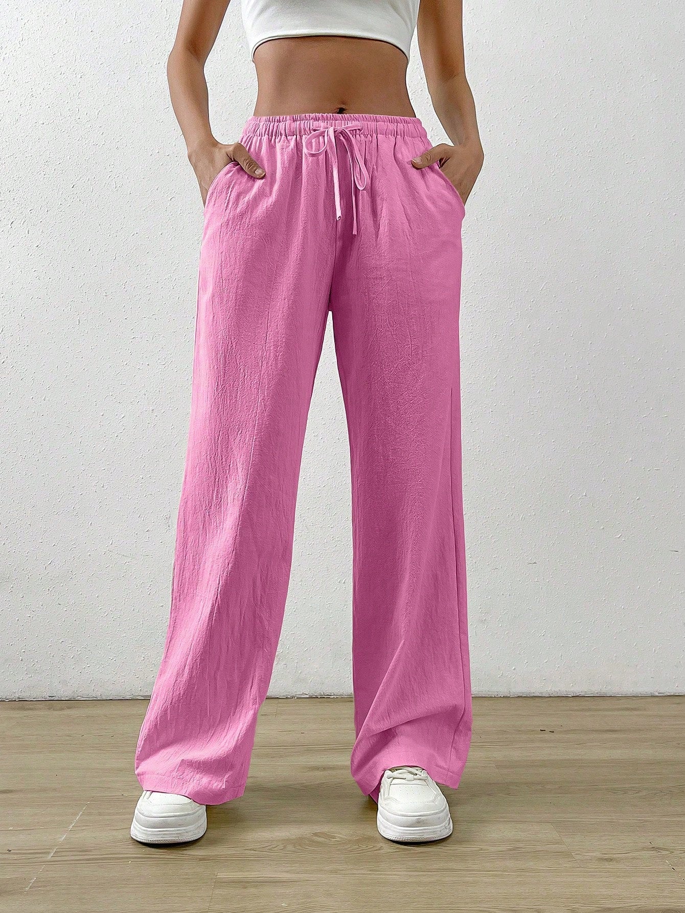 Cotton Loose Straight Drawstring Waist Slant Pocket Pants