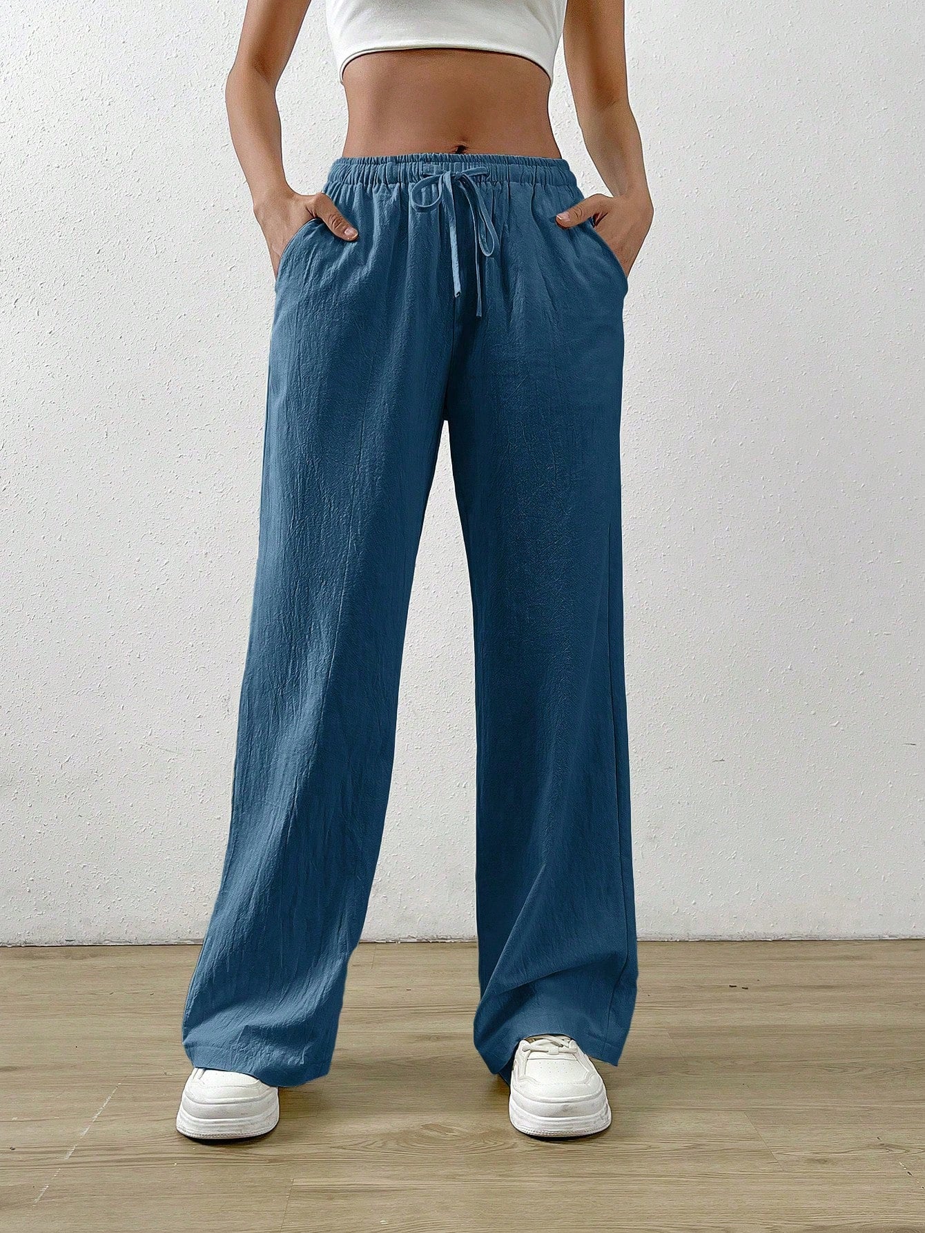 Cotton Loose Straight Drawstring Waist Slant Pocket Pants