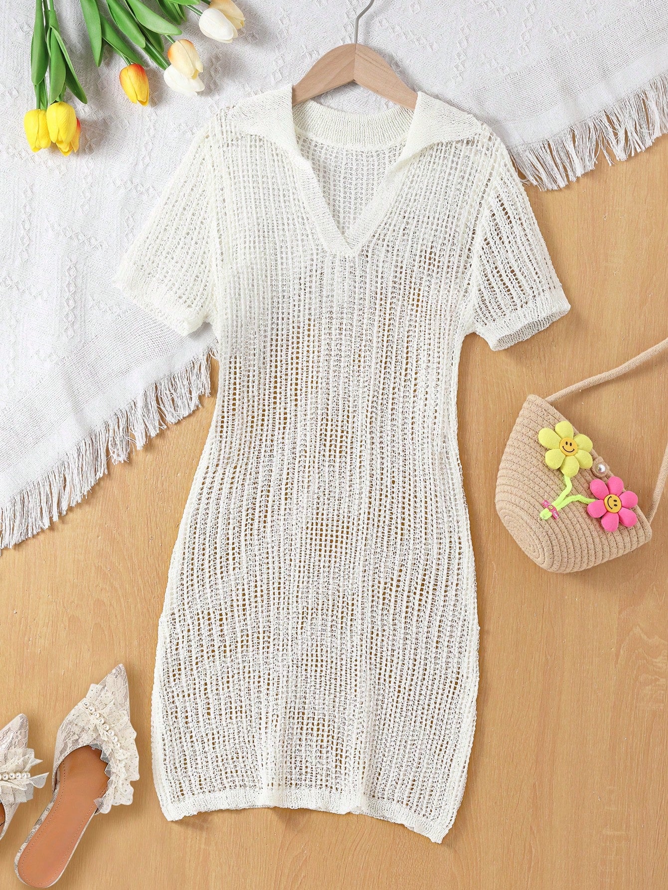 Teen Girl Solid Color Hollow Out Knitted Cover Up