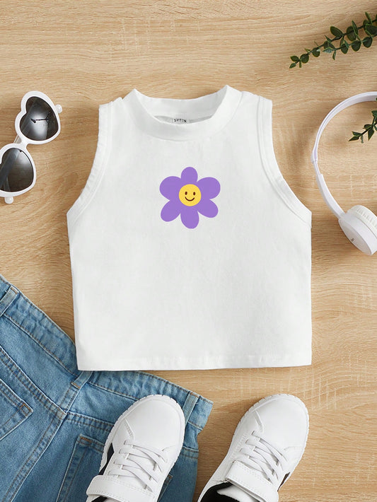 Young Girls' Casual Simple Cartoon Pattern Tank Top Suitable For Summer