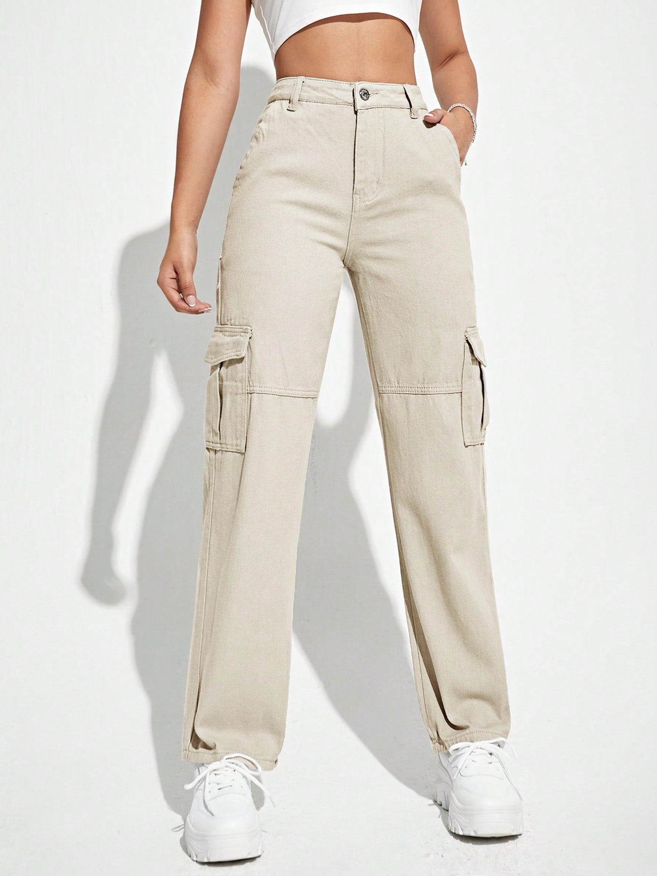 Solid Color Cargo Denim Pants