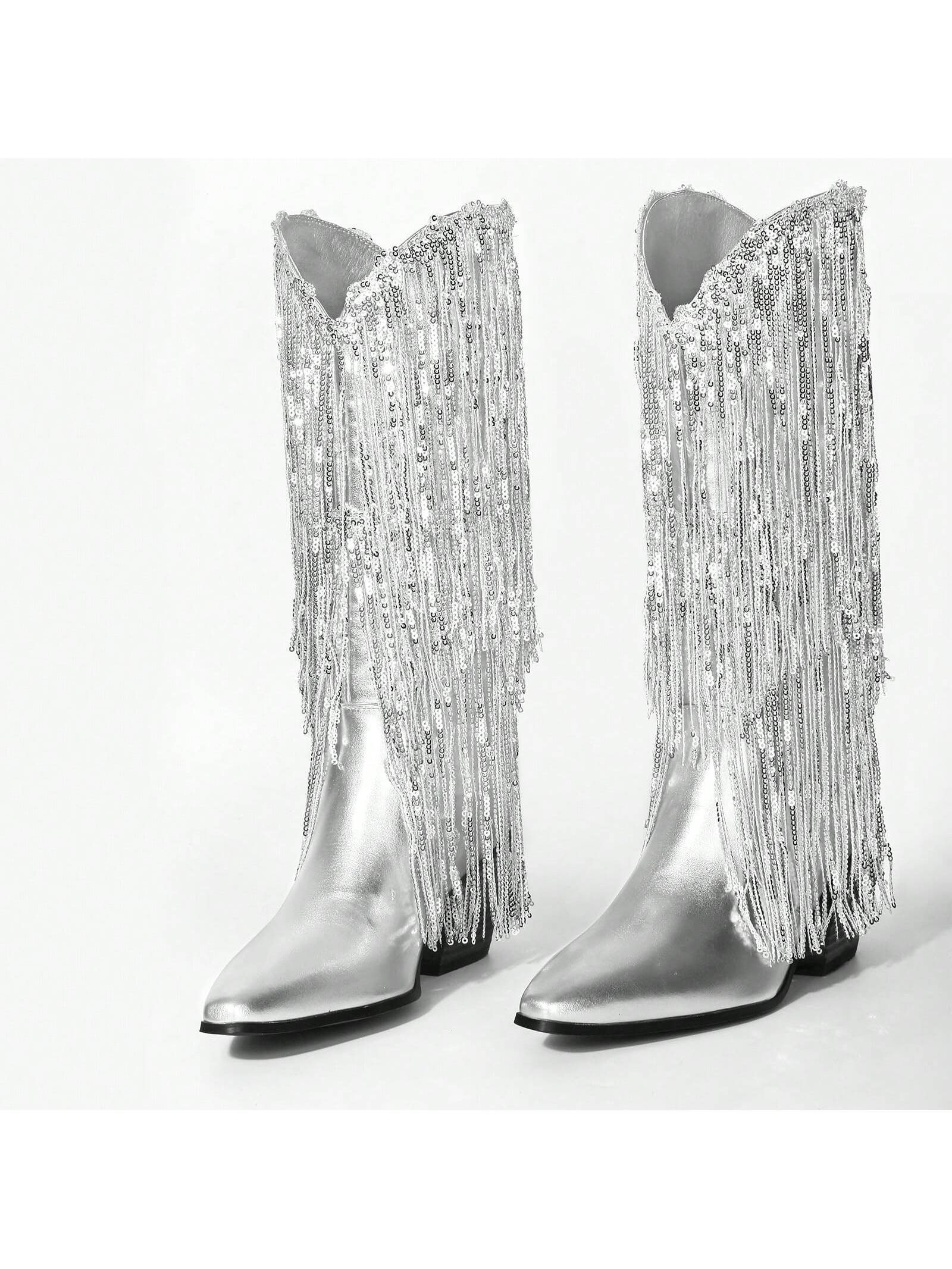 Women's Fringe Western Cowboy Boots Metallic Cowgirl Mid-Calf Boots Pointed-Toe Chunky Block Heel Fashion Party Boots For Ladies With Tassel
