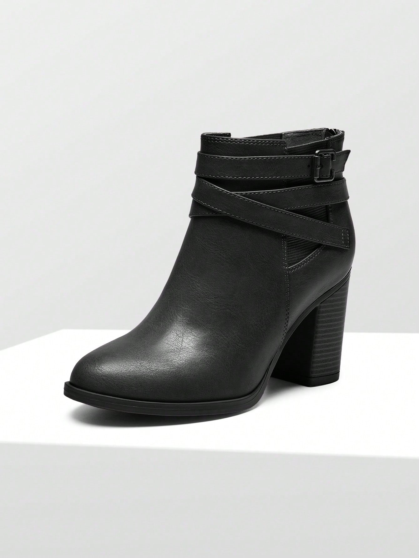 Women's Black Faux Leather Pu Chunky Heel Ankle Boots