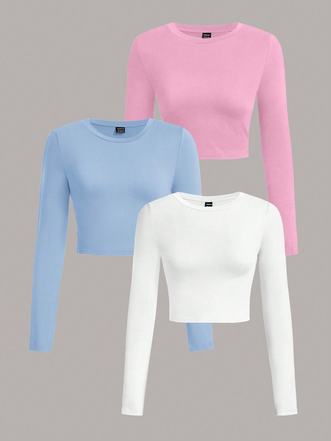 3pcs/Set Women's Casual Simple Crew Neck Long Sleeve Cropped Fitted T-Shirts, Suitable For Spring & Autumn