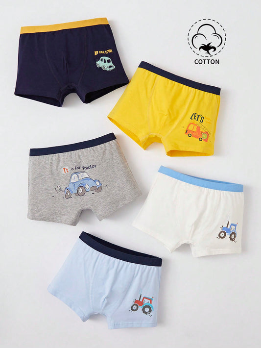 5pcs/Pack Young Boys' Cute Car Print Boxer Briefs