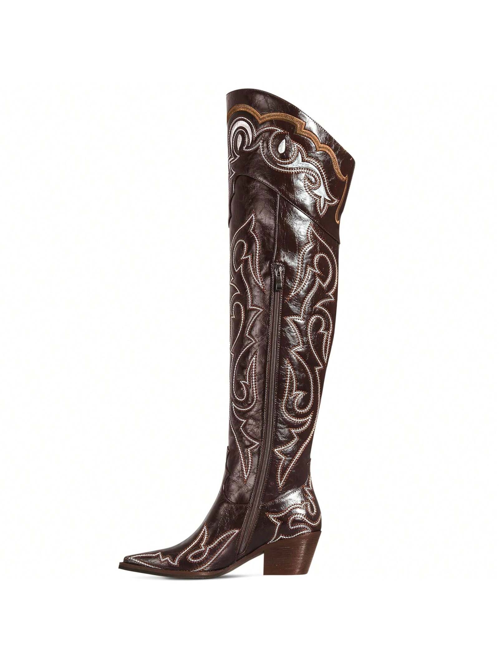 Women's Over-The-Knee Cowboy Boots-Western Thigh High Boots-Knee High Cowgirl Wide Calf Boots With Slide Zipper