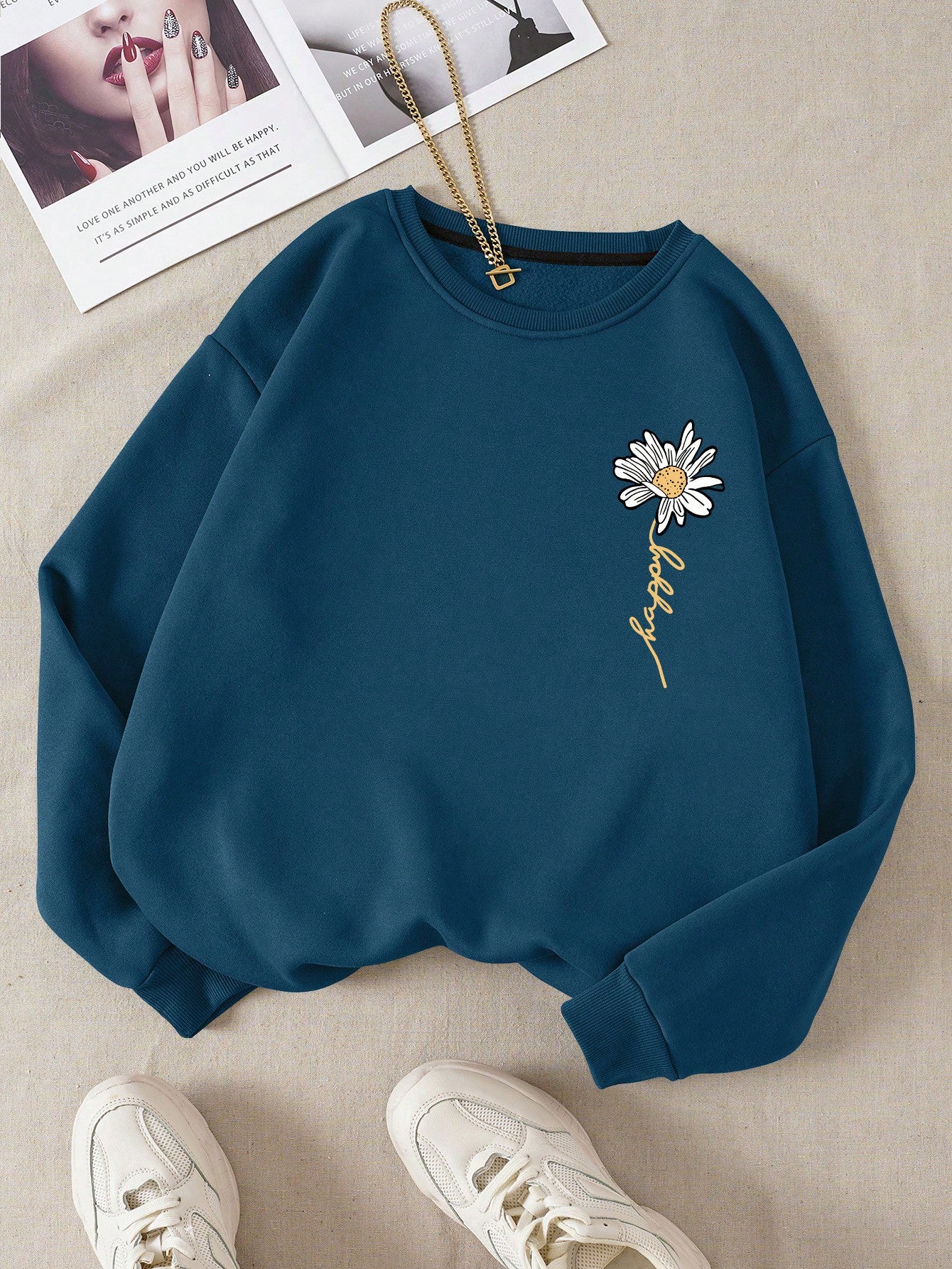 Letter & Floral Print Thermal Pullover