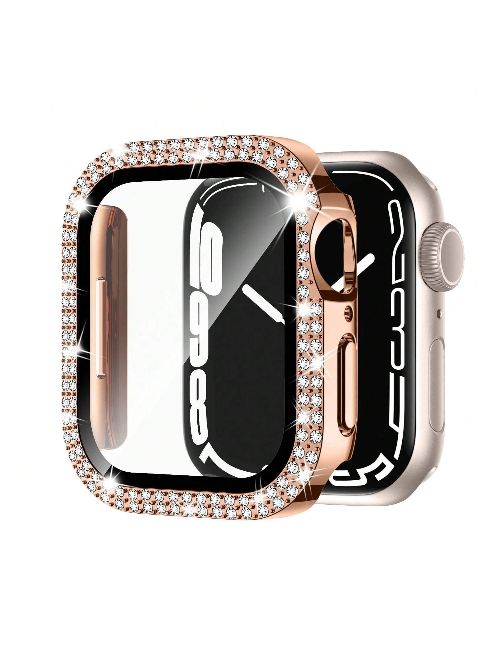 Compatible With Apple Watch Case Series 9/87/6/5/4/3/2/1/SE 38 40 41 42 44 45 Mm With Tempered Glass Screen Protector, Double Bling Case Crystal Diamonds Rhinestone Bumper Overall Hard PC Ultra-Thin Protective Cover For Apple Watch