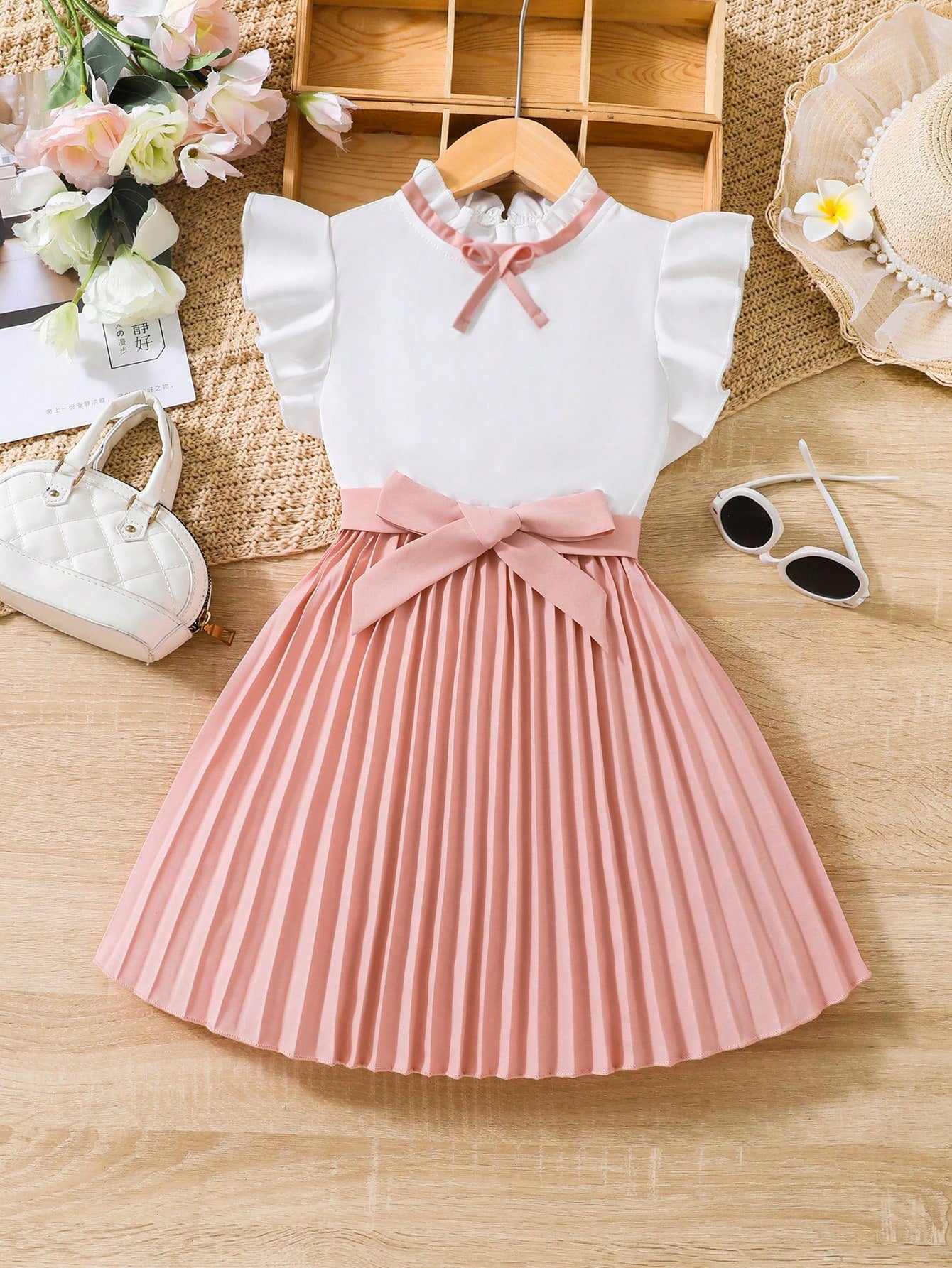 Young Girl Two Tone Bow Front Ruffle Trim Pleated Hem Dress