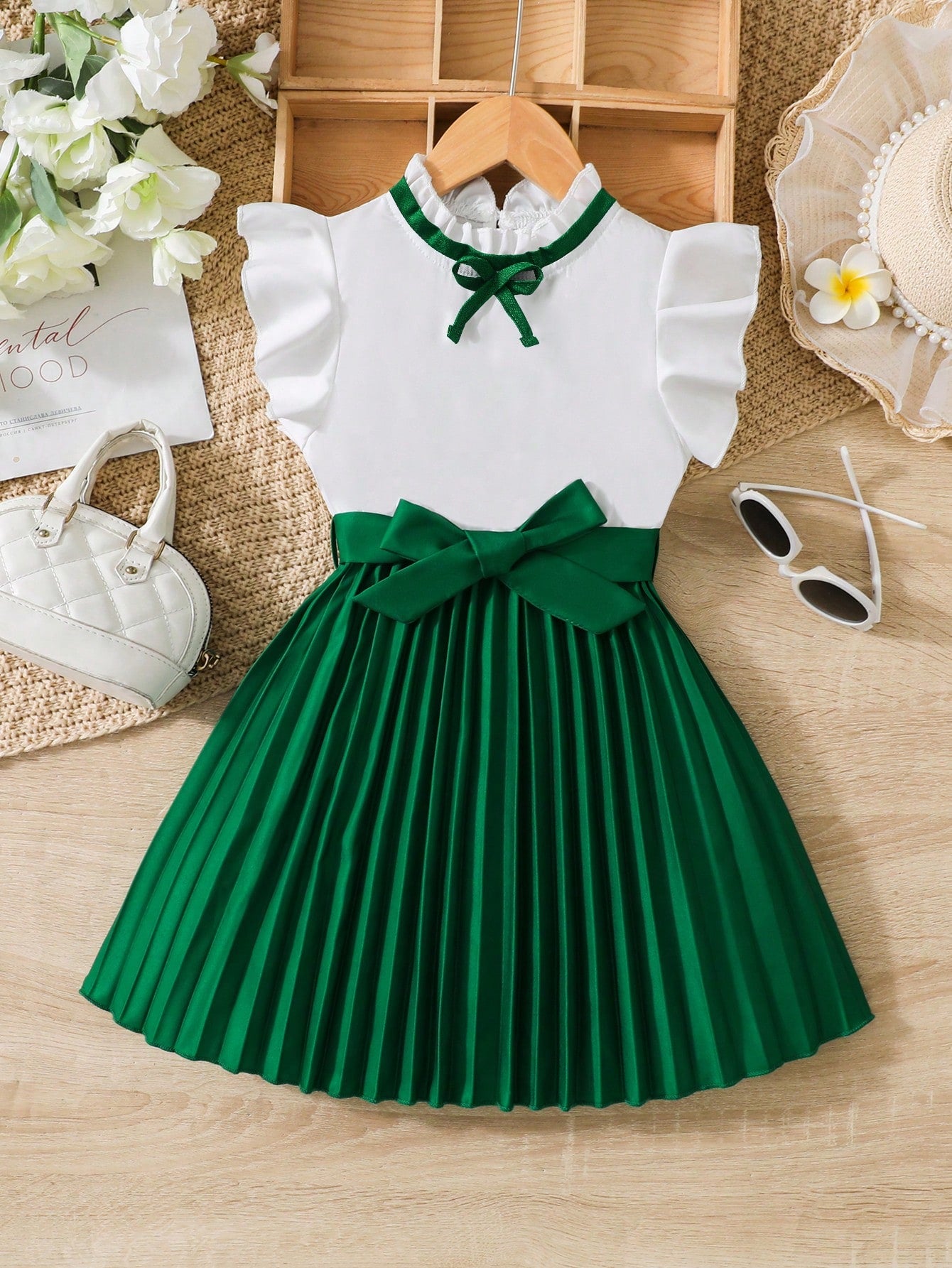 Young Girl Two Tone Bow Front Ruffle Trim Pleated Hem Dress