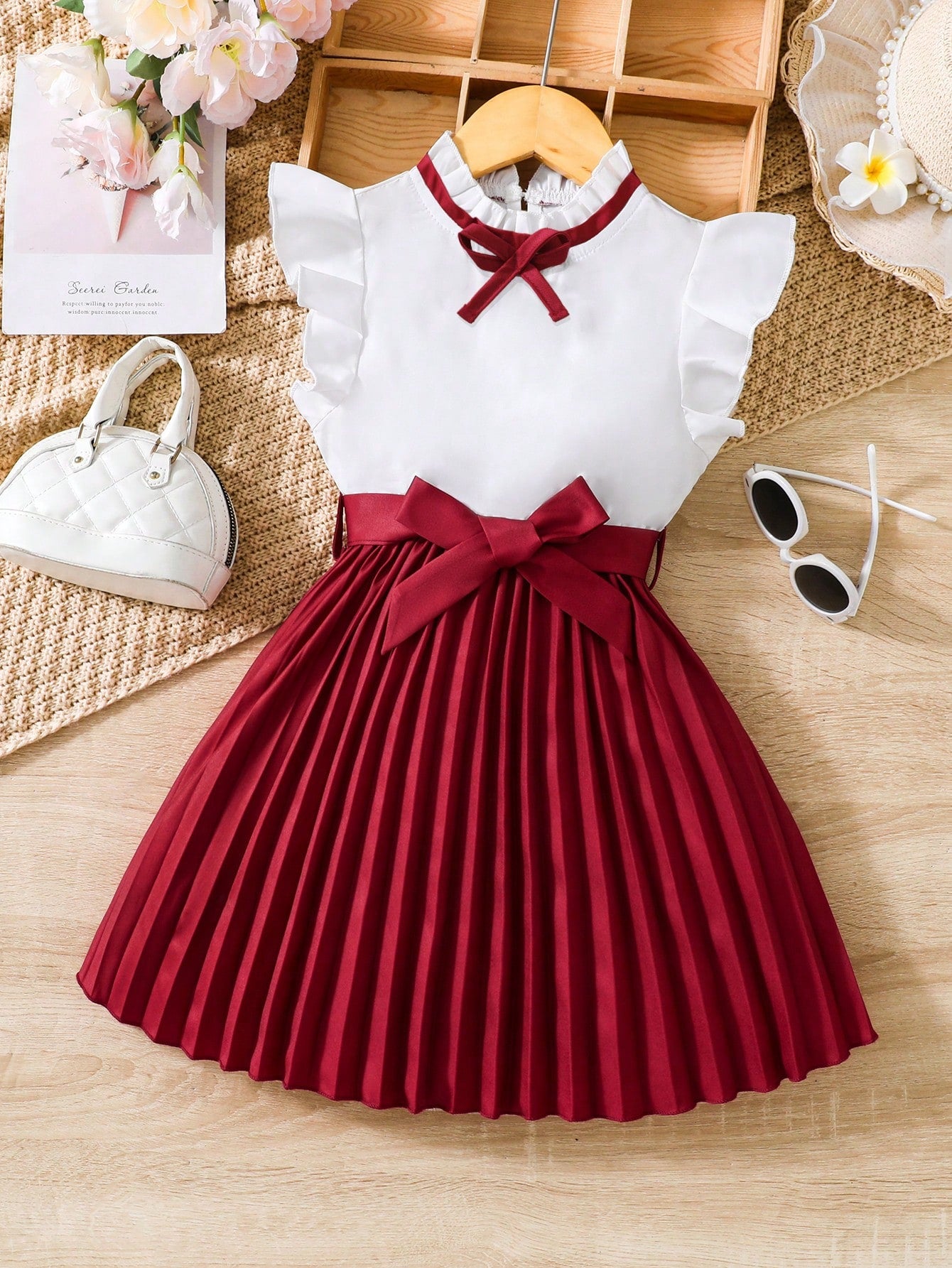 Young Girl Two Tone Bow Front Ruffle Trim Pleated Hem Dress