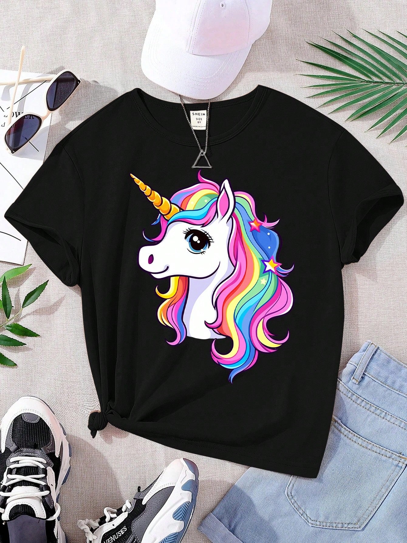 Tween Girl Summer New Unicorn Cartoon Cute & Dynamic Printed Black T-Shirt