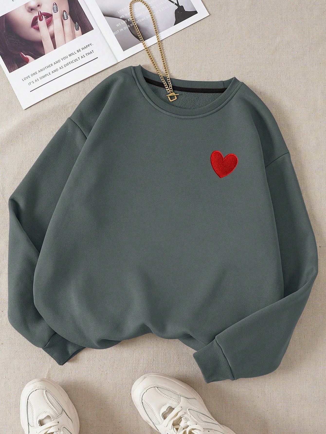 Heart Print Thermal Lined Sweatshirt