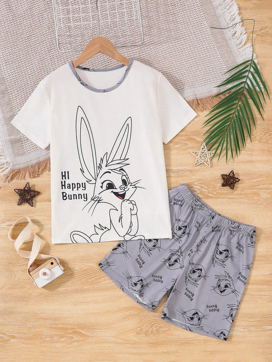 Boys' Cute Rabbit Print Round Neck Short Sleeve T-Shirt And Shorts, 2pcs/Set, Home Wear