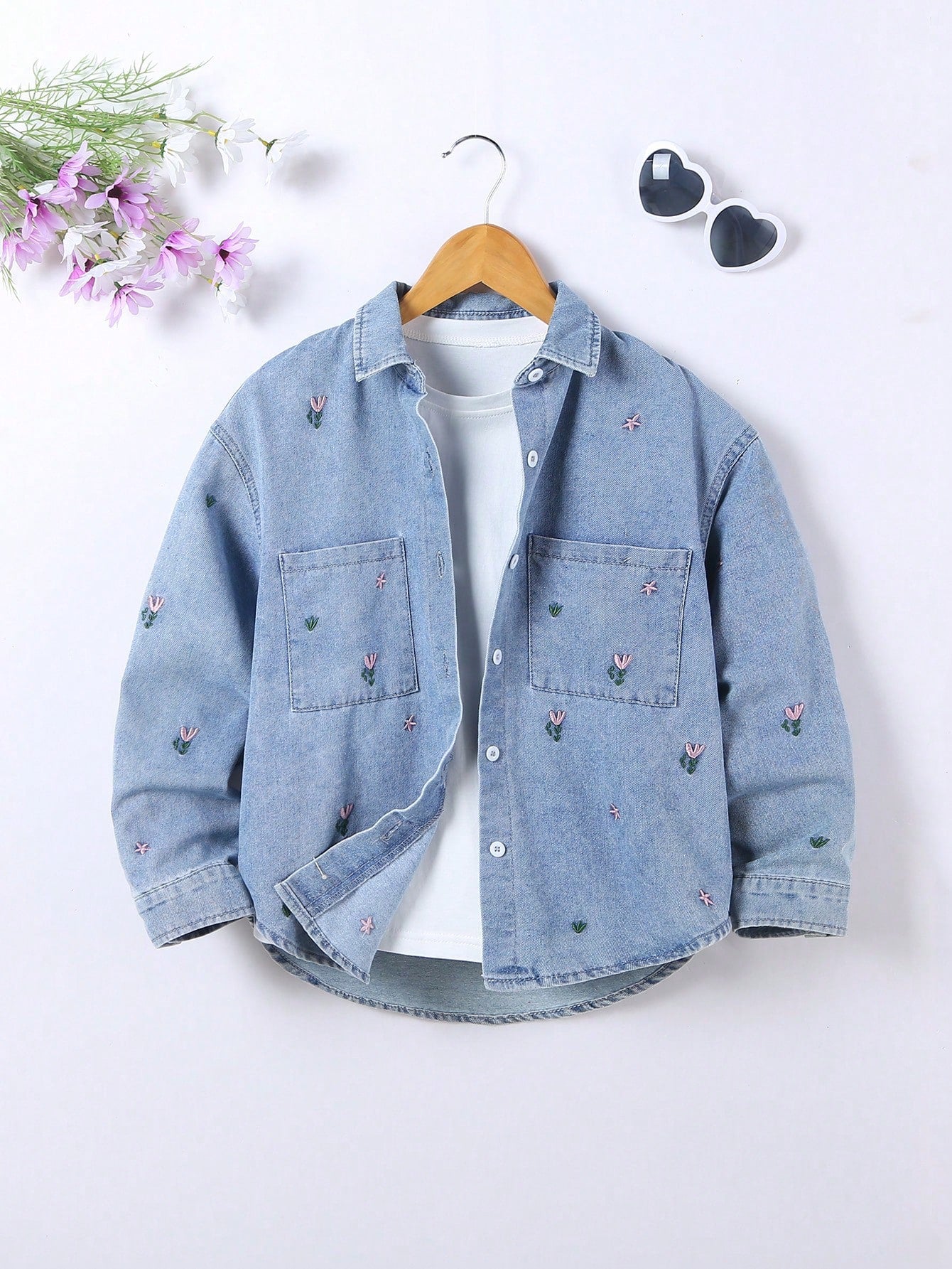 Tween Girls' Vintage College Style Cute Flower Embroidery Loose Comfortable Soft Light Blue Denim Shirt With Pocket, Washed Finish