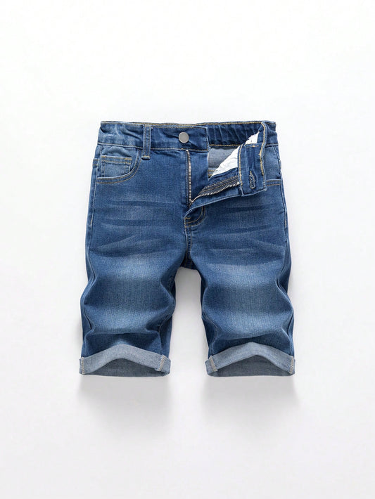 Tween Boy's Medium Wash Blue Denim Shorts With Elastic Waistband And Rolled Hem