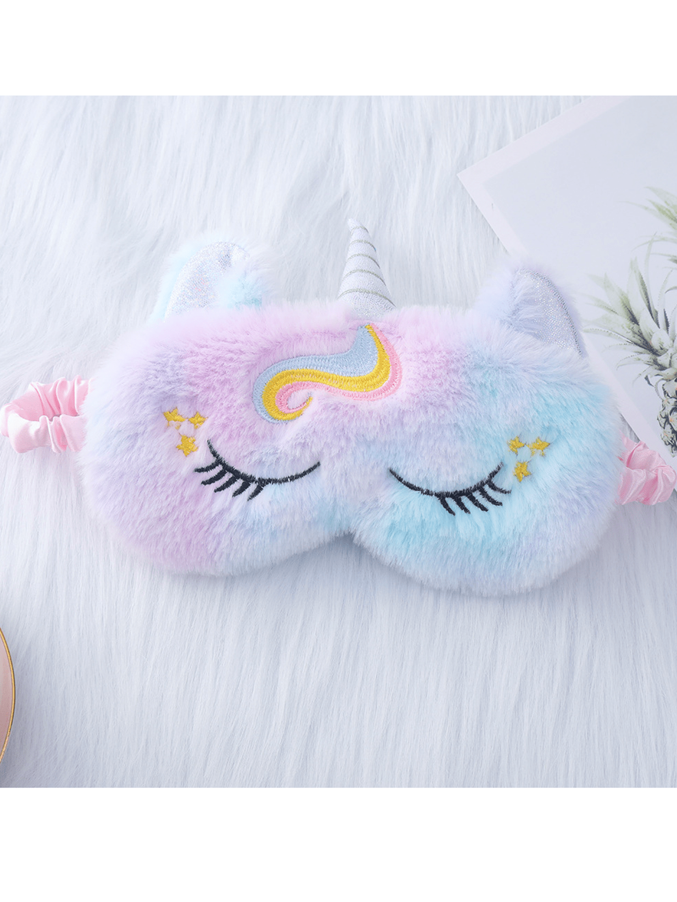 Cute Bunny Embroidery Plush Eye Mask With Light Blocking Function & Unicorn Ear Design For Sleep Protection