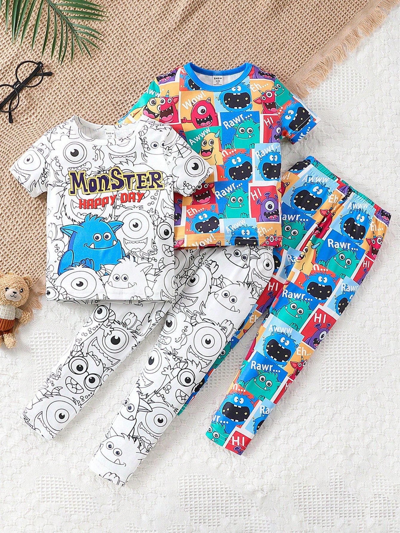 4pcs/Set Young Boys' Snug Fit Funny Little Monster Print Long Pants Short Sleeves Combination Pajamas