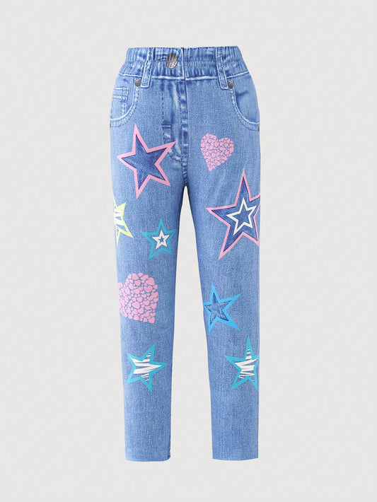 Young Girl's Simple Style Imitation Denim Blue Star Print Long Leggings