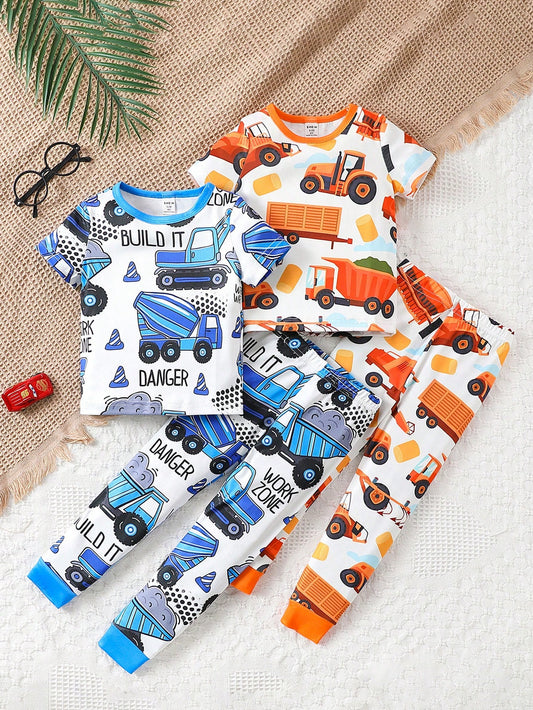 Young Boy Casual Printed Pants, Short-Sleeved Shirts, Four-Piece Combination Snug Fit Home Clothes