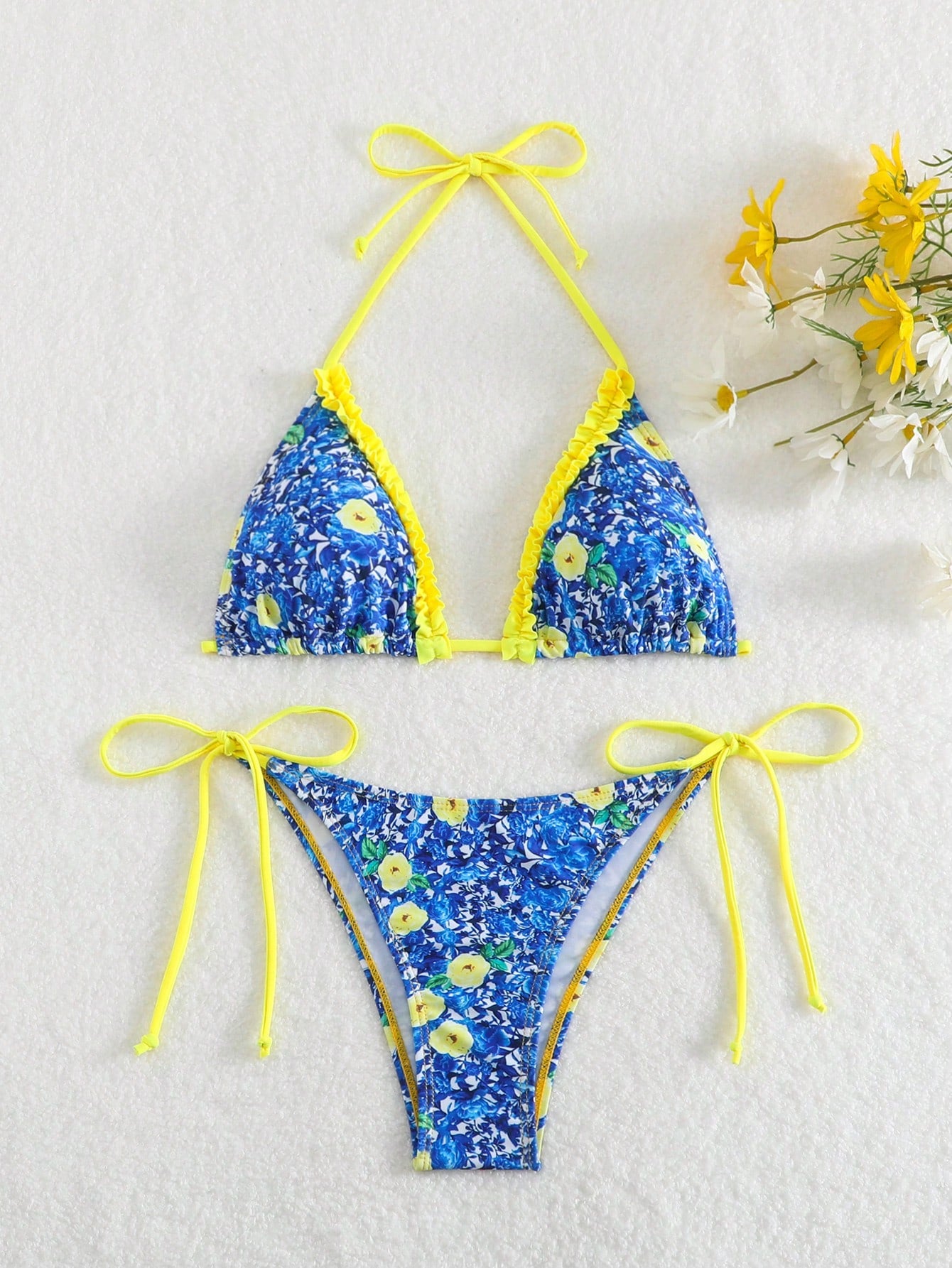 Swim Summer Beach Women's Swimwear Set With Frill Edge Flower Printed Tie Side Halter Bikini Top And Bottom, Two Piece Swimwear