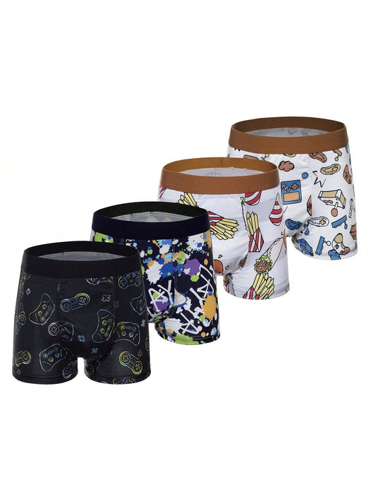 Tween Boy Simple & Stylish Gaming And Food Elements Printed Four-Pack Boxer Briefs